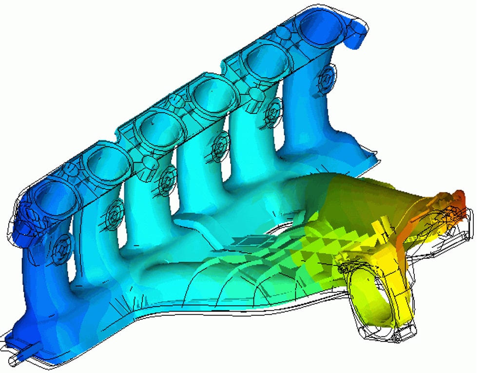 Warpage analysis result of an Injection Molding Simulation Service on an automotive component from the engine compartment.