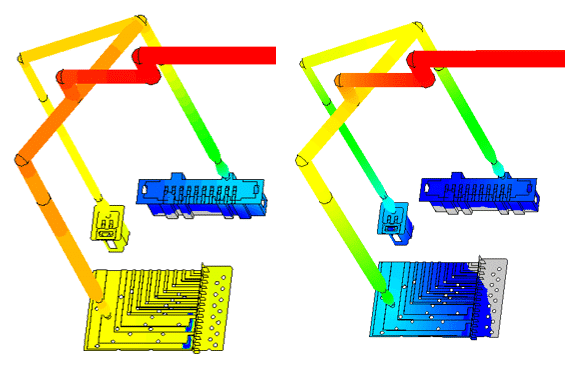 Optimization of the gating system to enhance the fillability of a family mold through PEG's Injection Molding Simulation Service. The left image demonstrates uneven filling of individual components, while the right image showcases uniform balancing.
